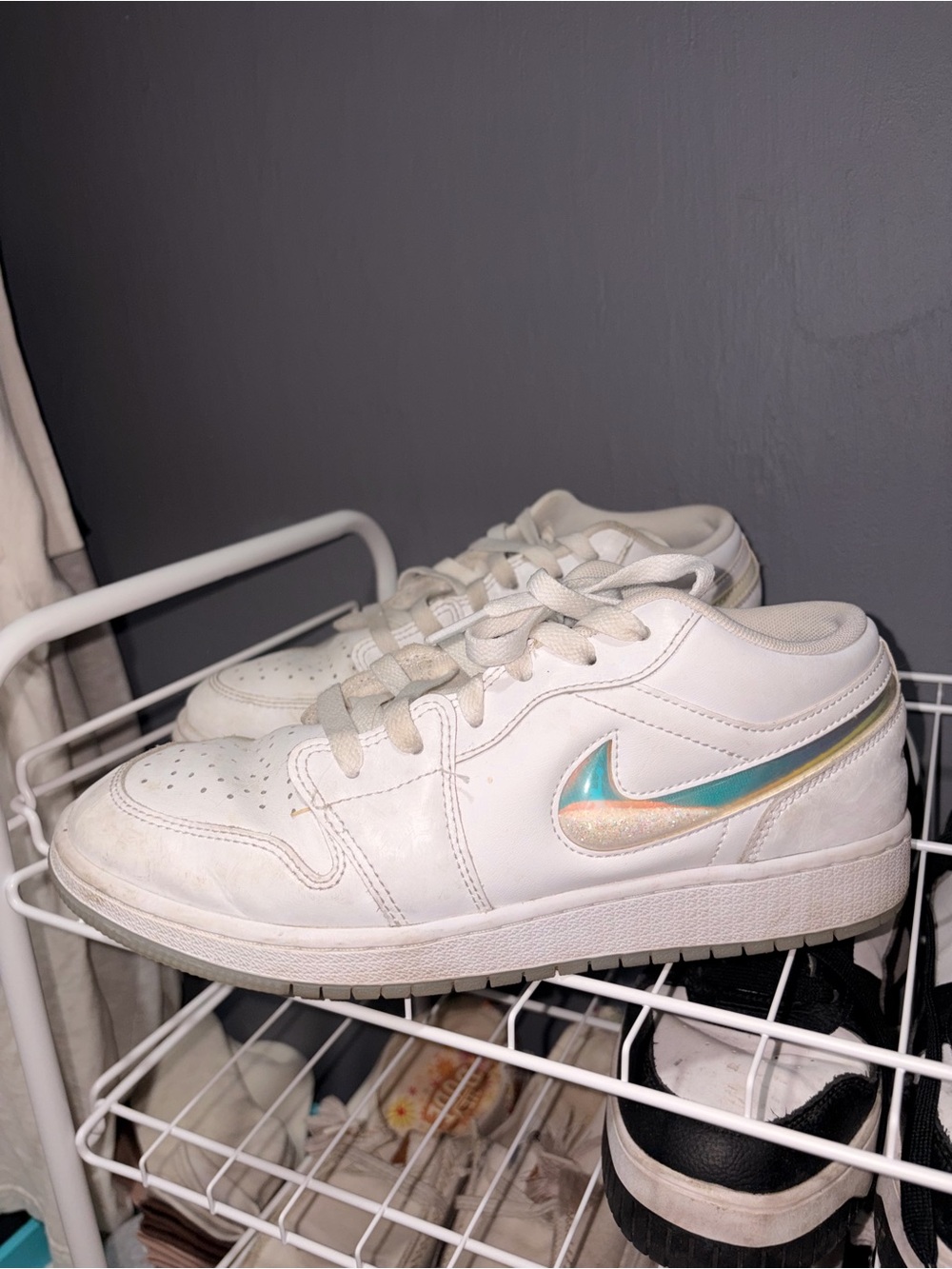 Nike White Kids Sneakers with Iridescent Teal and Gold Swoosh